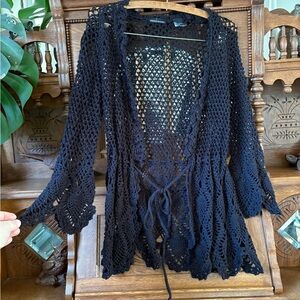 Moda International Black Crochet Tie Front Top Size Large